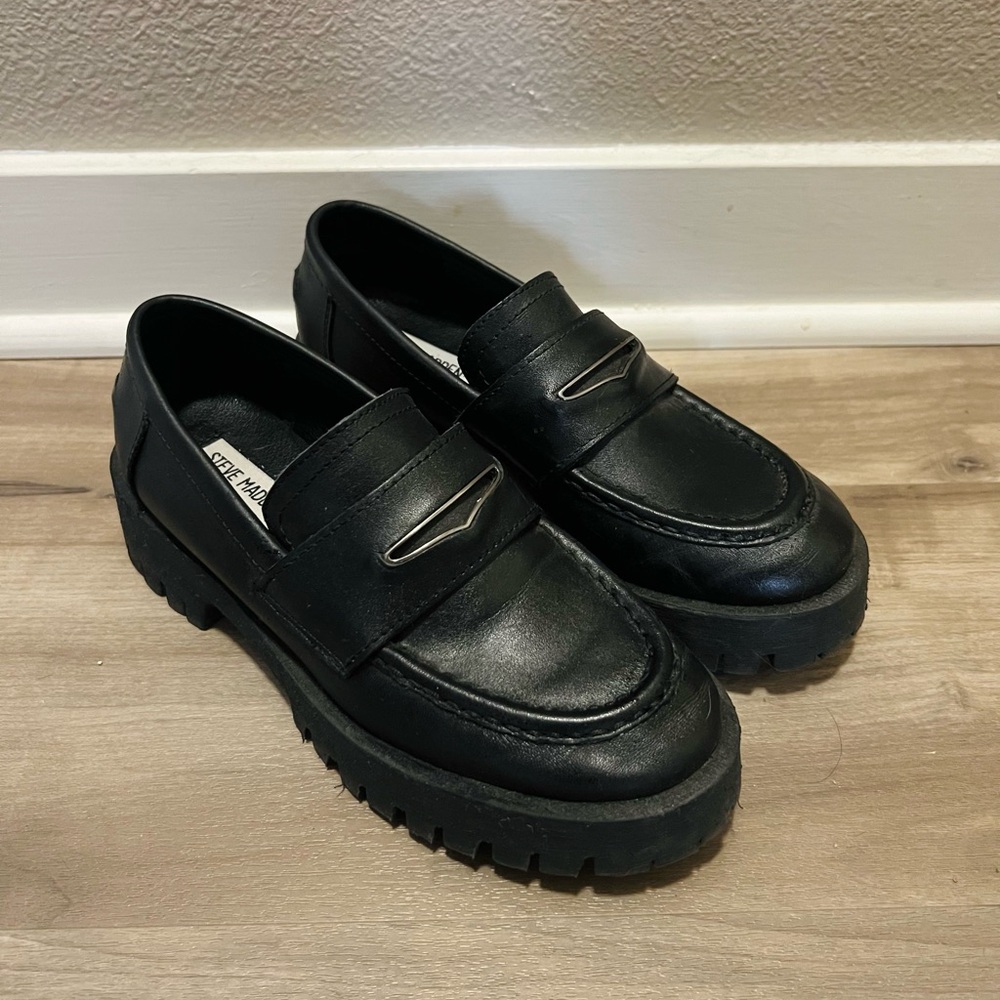 Steve Madden Lawrence Round Toe Slip On Leather Loafers Black Leather